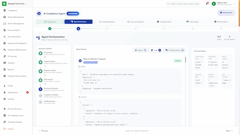 Illustrative preview (sample data, not verified outcomes): Multi-agent orchestration interface showing 7 specialized agents collaborating on FDA 21 CFR Part 11 regulatory knowledge retrieval