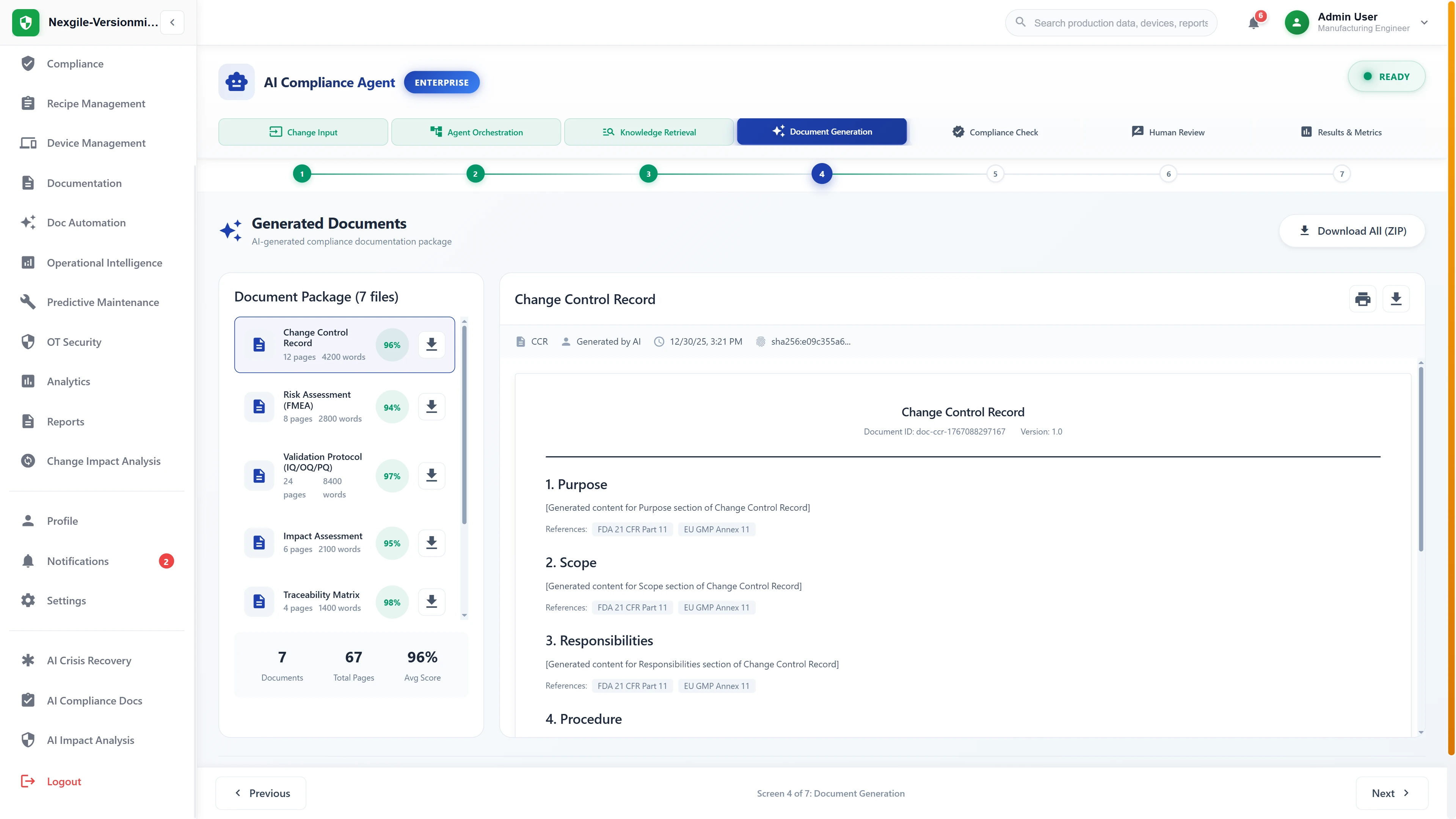 Illustrative preview (sample data, not verified outcomes): Document generation package displaying 7 AI-generated compliance documents totaling 67 pages with 96% average quality score