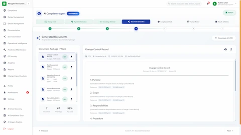 Illustrative preview (sample data, not verified outcomes): Document generation package displaying 7 AI-generated compliance documents totaling 67 pages with 96% average quality score