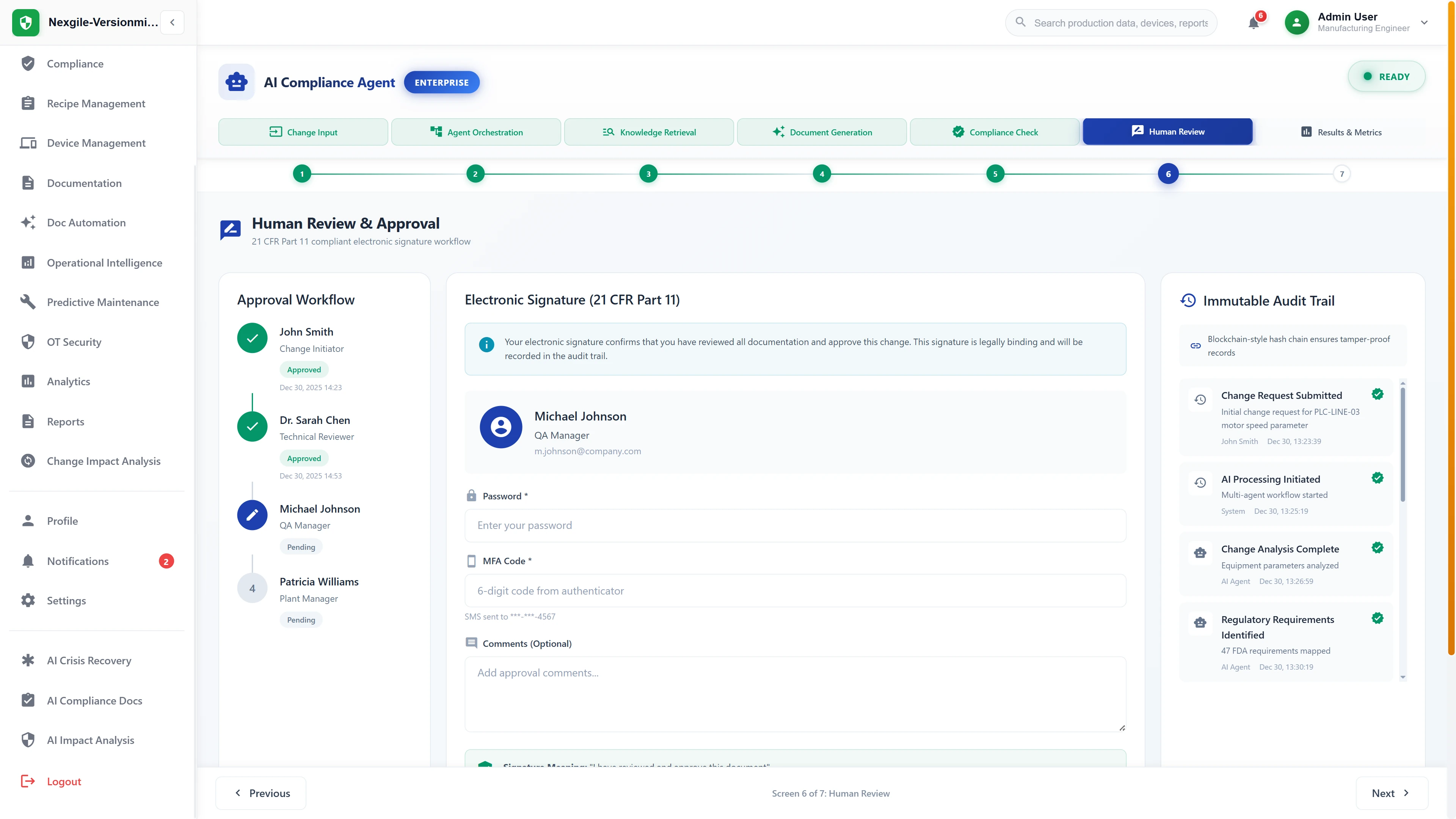 Illustrative preview (sample data, not verified outcomes): FDA 21 CFR Part 11 compliant electronic signature workflow with multi-level approval and immutable blockchain-style audit trail