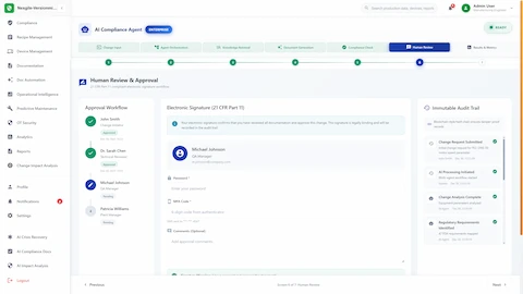 Illustrative preview (sample data, not verified outcomes): FDA 21 CFR Part 11 compliant electronic signature workflow with multi-level approval and immutable blockchain-style audit trail