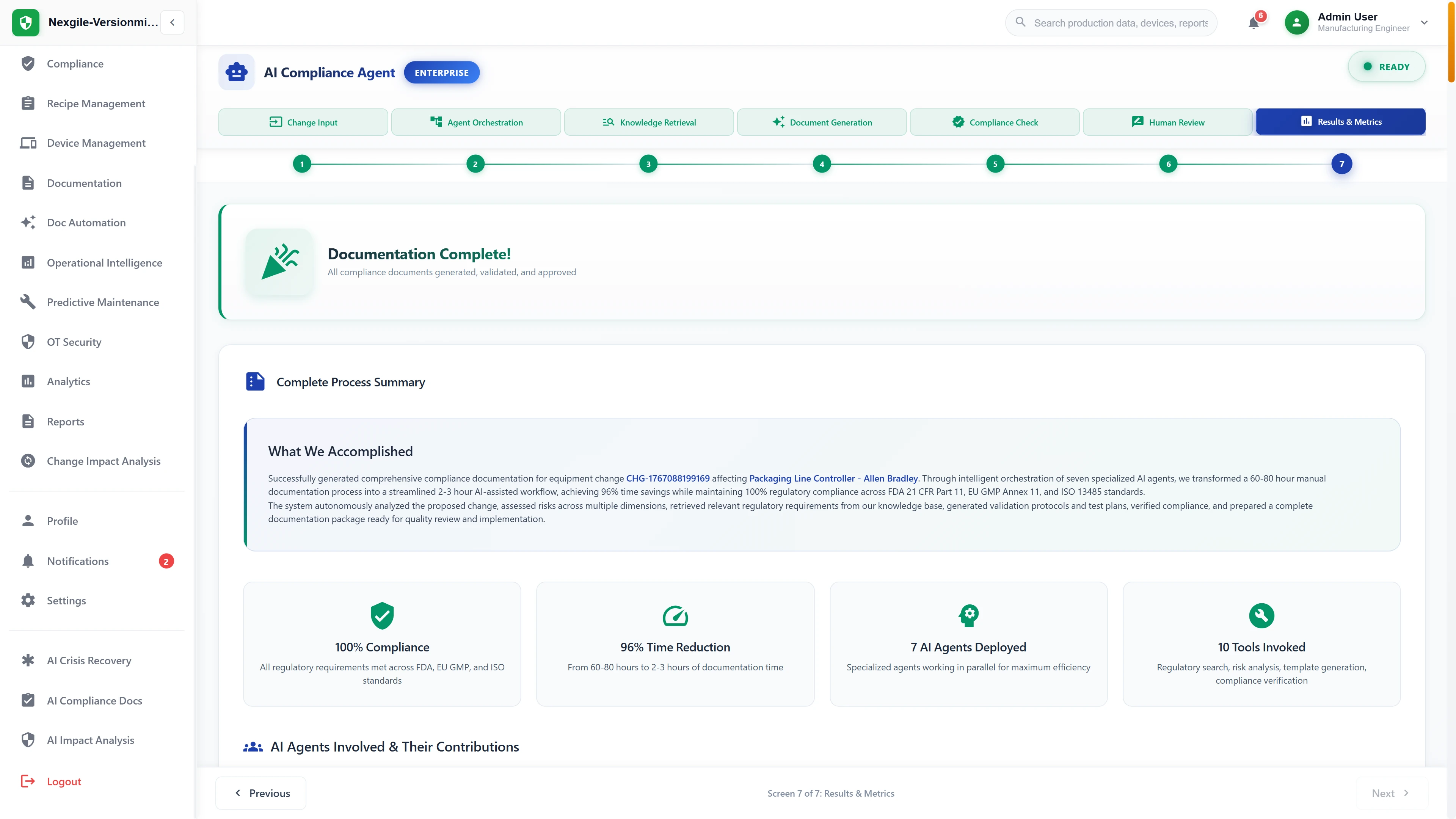 Illustrative preview (sample data, not verified outcomes): Completion summary showing 96% time reduction (60-80 hours to 2-3 hours) and 100% regulatory compliance achievement