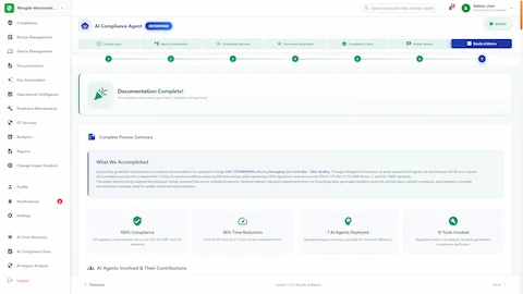 Illustrative preview (sample data, not verified outcomes): Completion summary showing 96% time reduction (60-80 hours to 2-3 hours) and 100% regulatory compliance achievement
