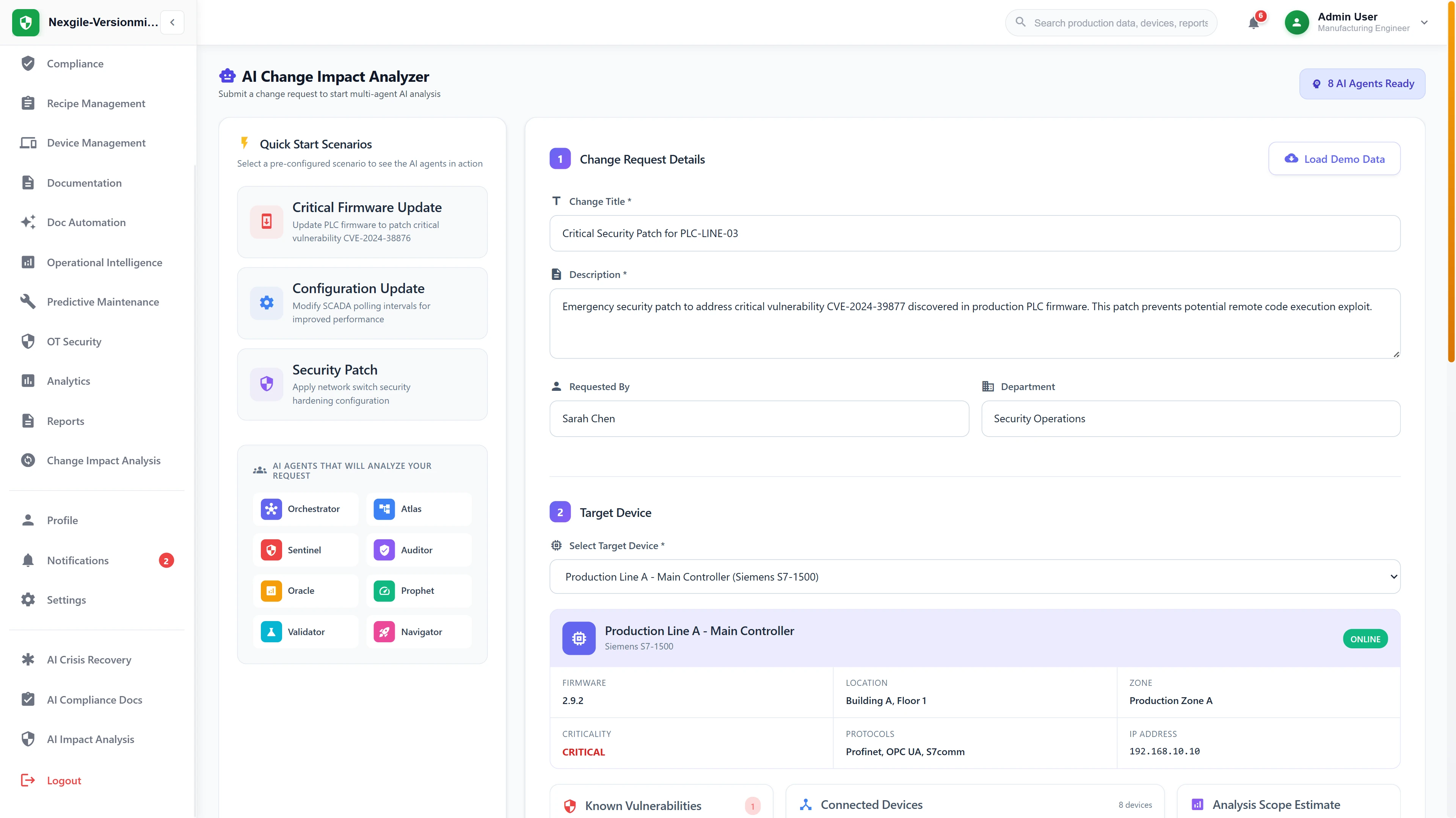 Illustrative preview (sample data, not verified outcomes): Change request submission interface for critical security patch analysis with device details, vulnerability data, and 11-agent ensemble