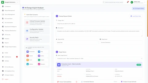 Illustrative preview (sample data, not verified outcomes): Change request submission interface for critical security patch analysis with device details, vulnerability data, and 11-agent ensemble