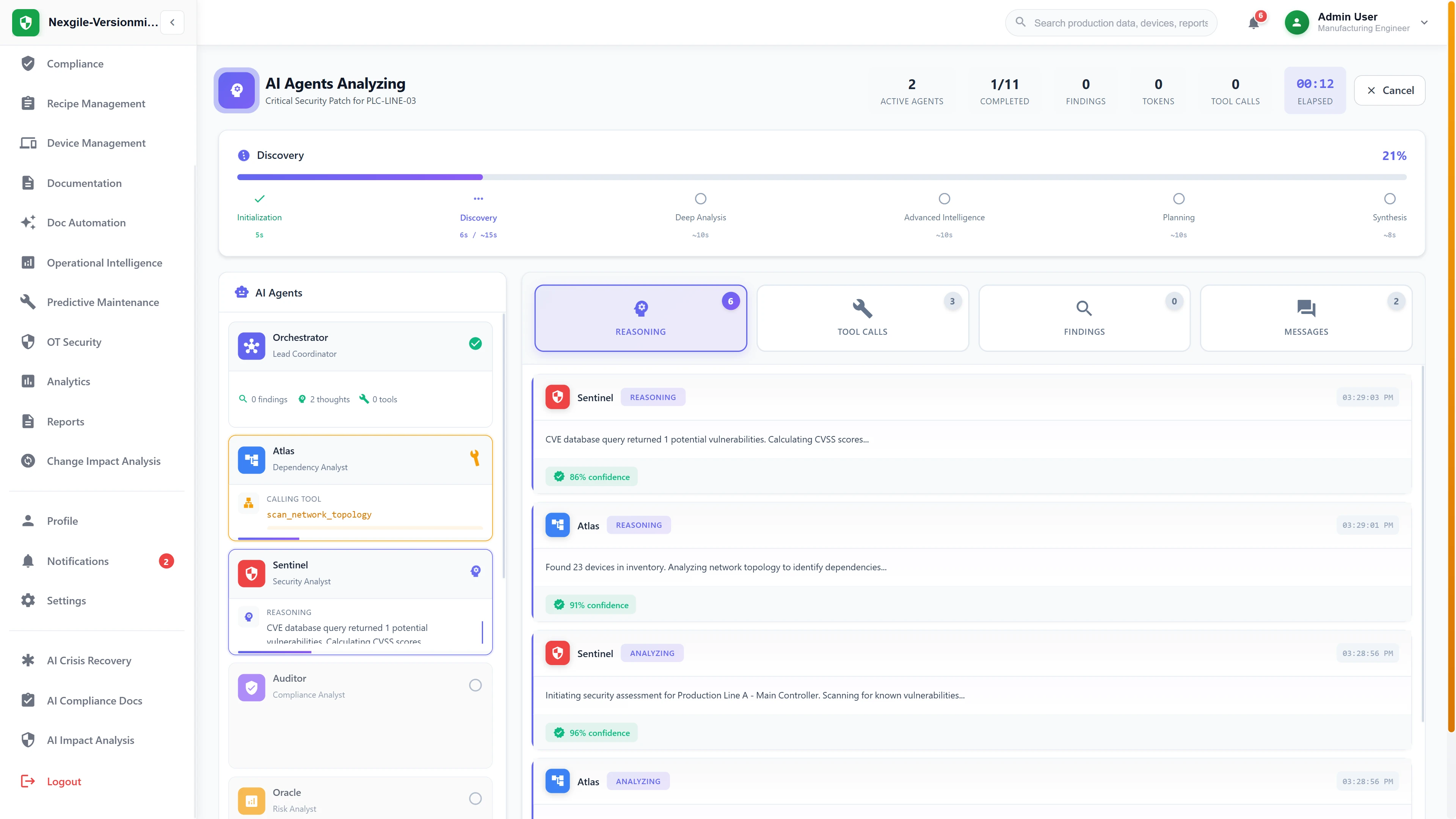Illustrative preview (sample data, not verified outcomes): Live multi-agent analysis execution showing real-time agent reasoning, tool invocations, and dependency mapping across 6 workflow phases