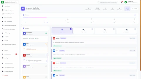 Illustrative preview (sample data, not verified outcomes): Live multi-agent analysis execution showing real-time agent reasoning, tool invocations, and dependency mapping across 6 workflow phases