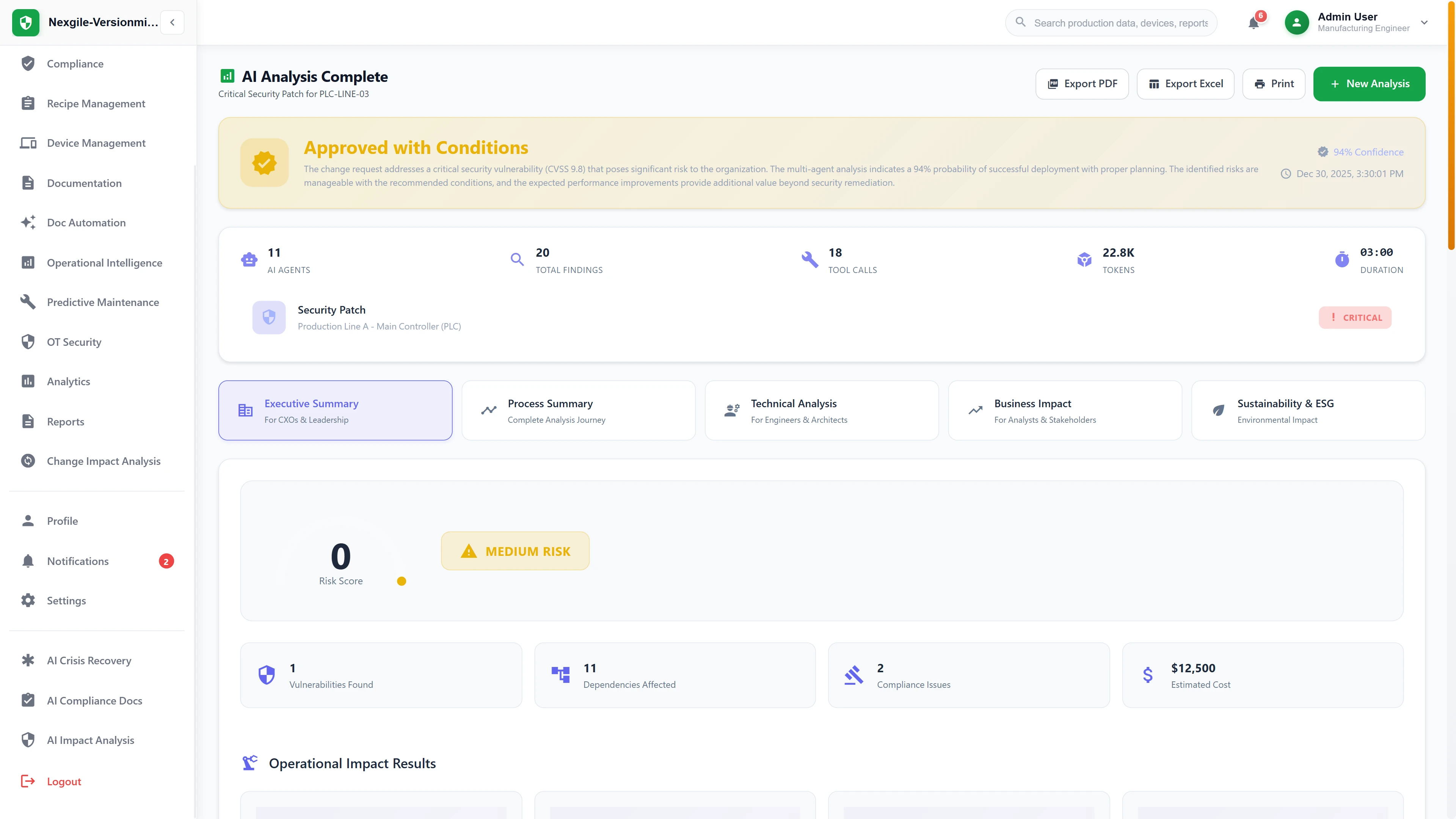 Illustrative preview (sample data, not verified outcomes): Comprehensive analysis results with approval decision, risk assessment, and multi-dimensional impact reports for stakeholder review