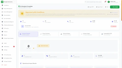 Illustrative preview (sample data, not verified outcomes): Comprehensive analysis results with approval decision, risk assessment, and multi-dimensional impact reports for stakeholder review