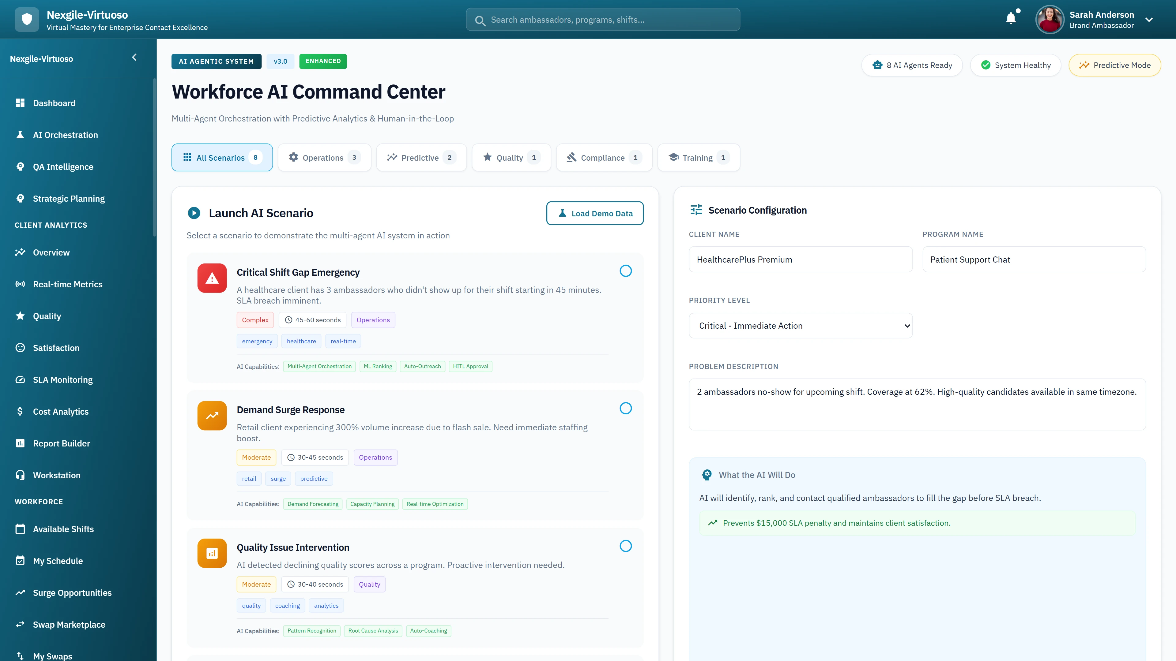 Illustrative preview (sample data, not verified outcomes): Workforce AI Command Center - Launch AI Scenario interface with Critical Shift Gap Emergency, Demand Surge Response, and Quality Issue Intervention scenarios