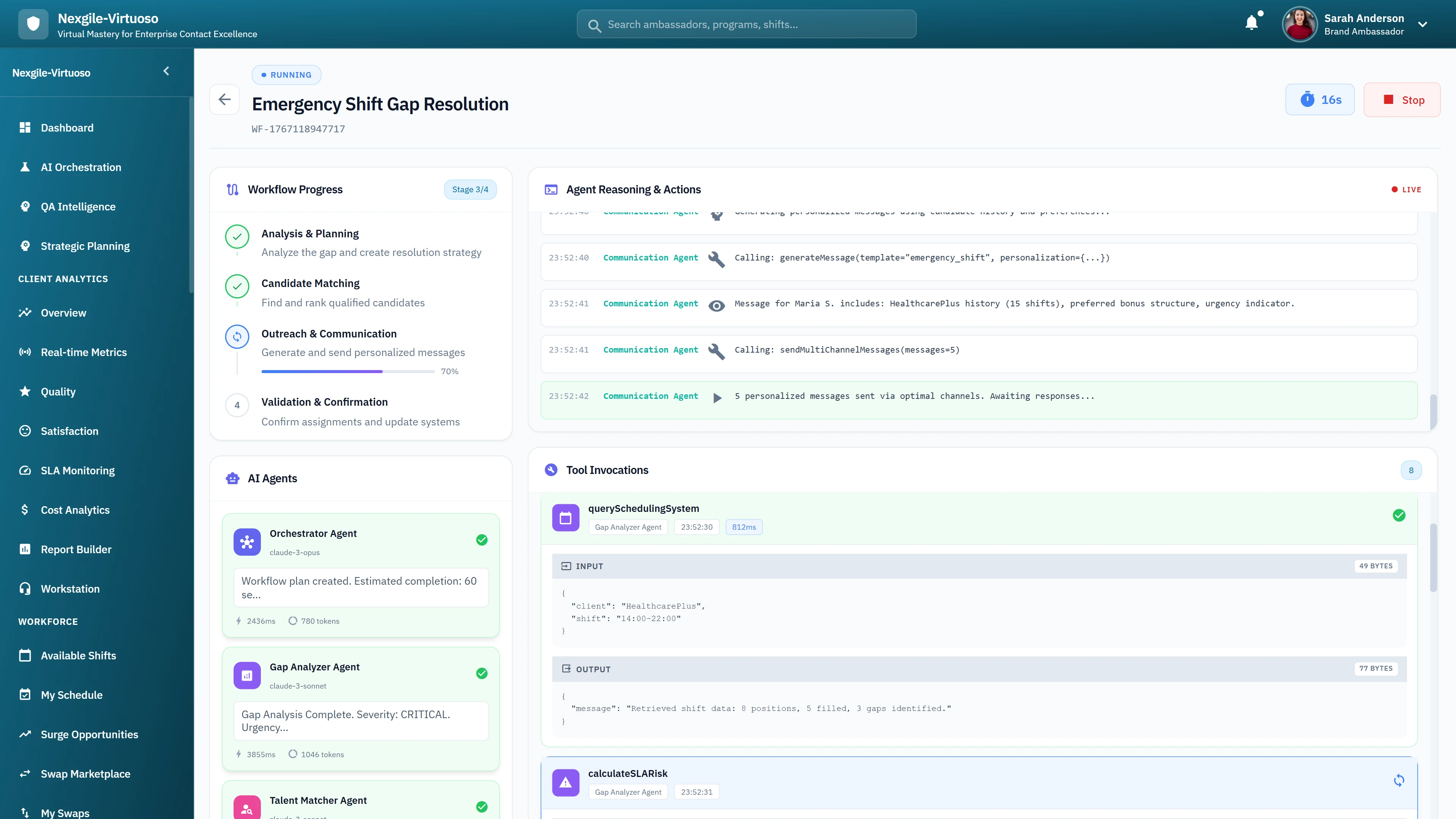 Illustrative preview (sample data, not verified outcomes): Emergency Shift Gap Resolution - Workflow Progress with Analysis & Planning, Candidate Matching, Outreach & Communication stages, and Agent Reasoning panel