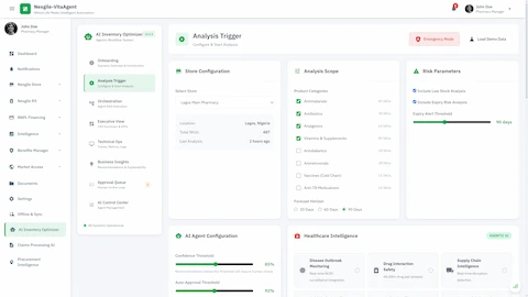 Illustrative preview (sample data, not verified outcomes): Analysis Trigger - Configure inventory analysis scope with product categories, risk parameters, and AI agent confidence thresholds for intelligent decision-making
