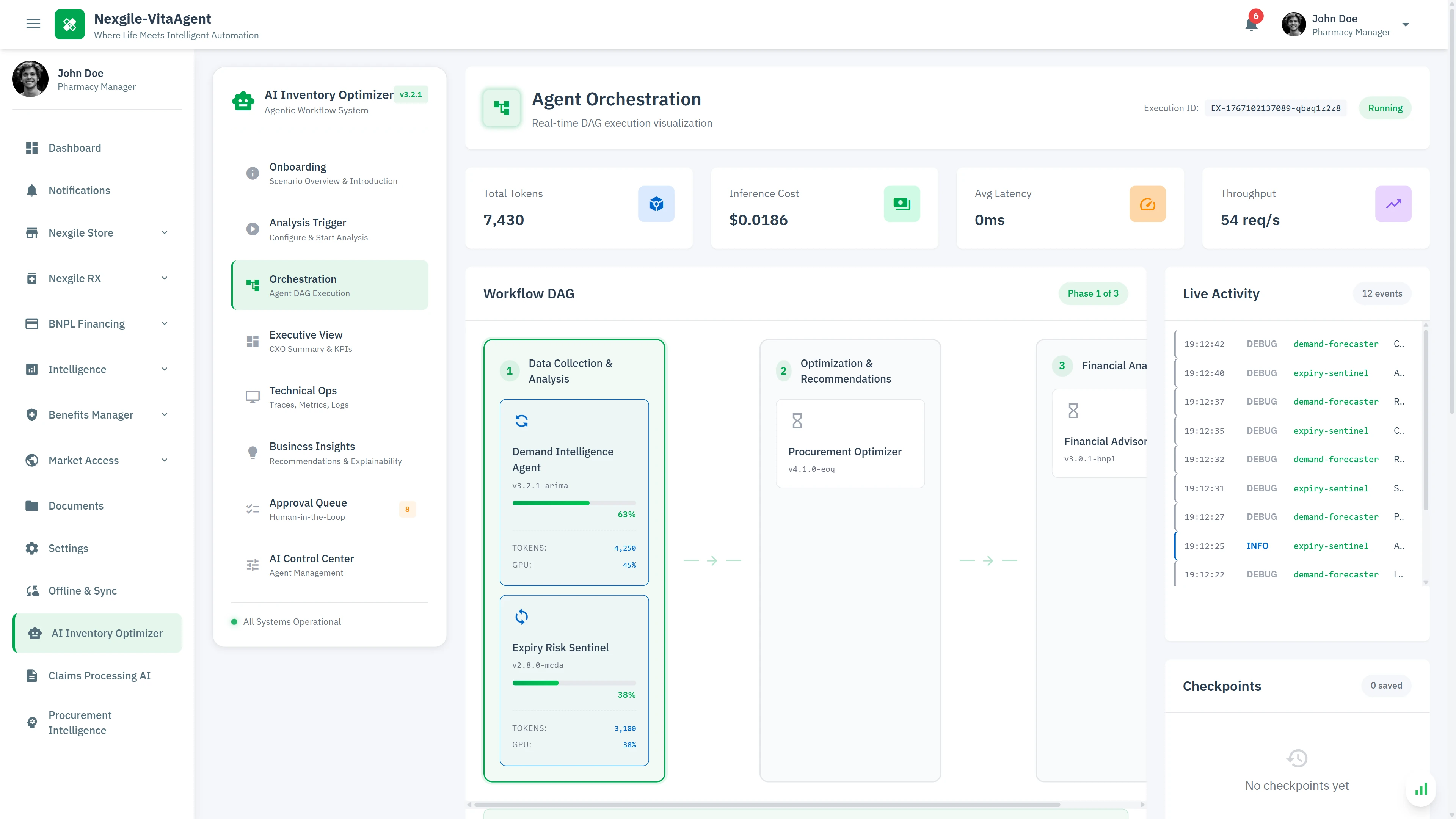 Illustrative preview (sample data, not verified outcomes): Agent Orchestration - Real-time DAG execution visualization showing parallel agent processing across data collection, optimization, and financial analysis phases