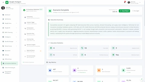 Illustrative preview (sample data, not verified outcomes): Execution Summary - Comprehensive results showing 487 products analyzed, autonomous actions taken, cost savings achieved, and patient safety metrics