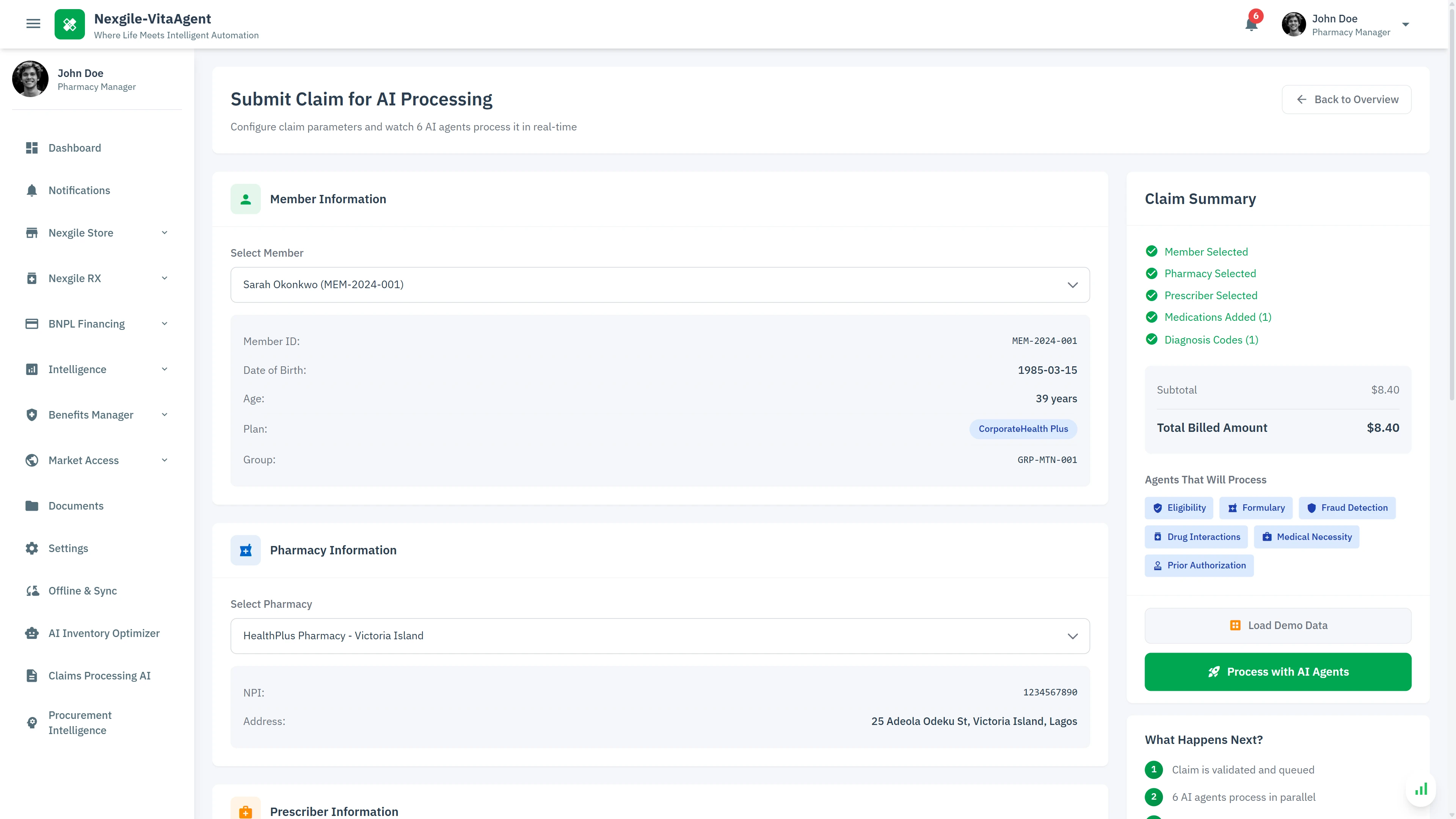 Illustrative preview (sample data, not verified outcomes): Claim Submission - Configure member, pharmacy, and prescriber information with real-time agent assignment showing 6 AI agents ready to process the claim