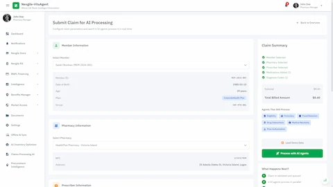 Illustrative preview (sample data, not verified outcomes): Claim Submission - Configure member, pharmacy, and prescriber information with real-time agent assignment showing 6 AI agents ready to process the claim