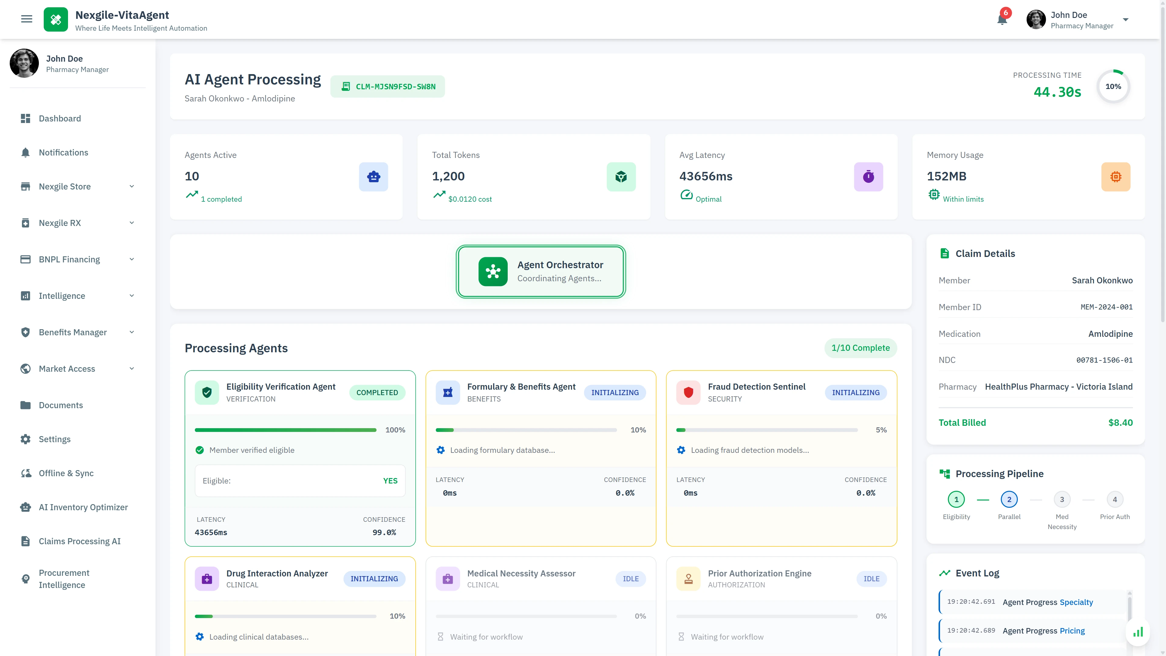 Illustrative preview (sample data, not verified outcomes): Real-Time Processing - Live agent orchestration showing 10 agents processing in parallel with status tracking, processing pipeline visualization, and event log