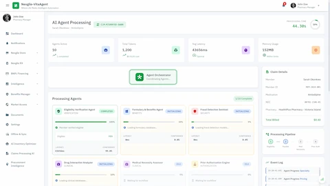 Illustrative preview (sample data, not verified outcomes): Real-Time Processing - Live agent orchestration showing 10 agents processing in parallel with status tracking, processing pipeline visualization, and event log