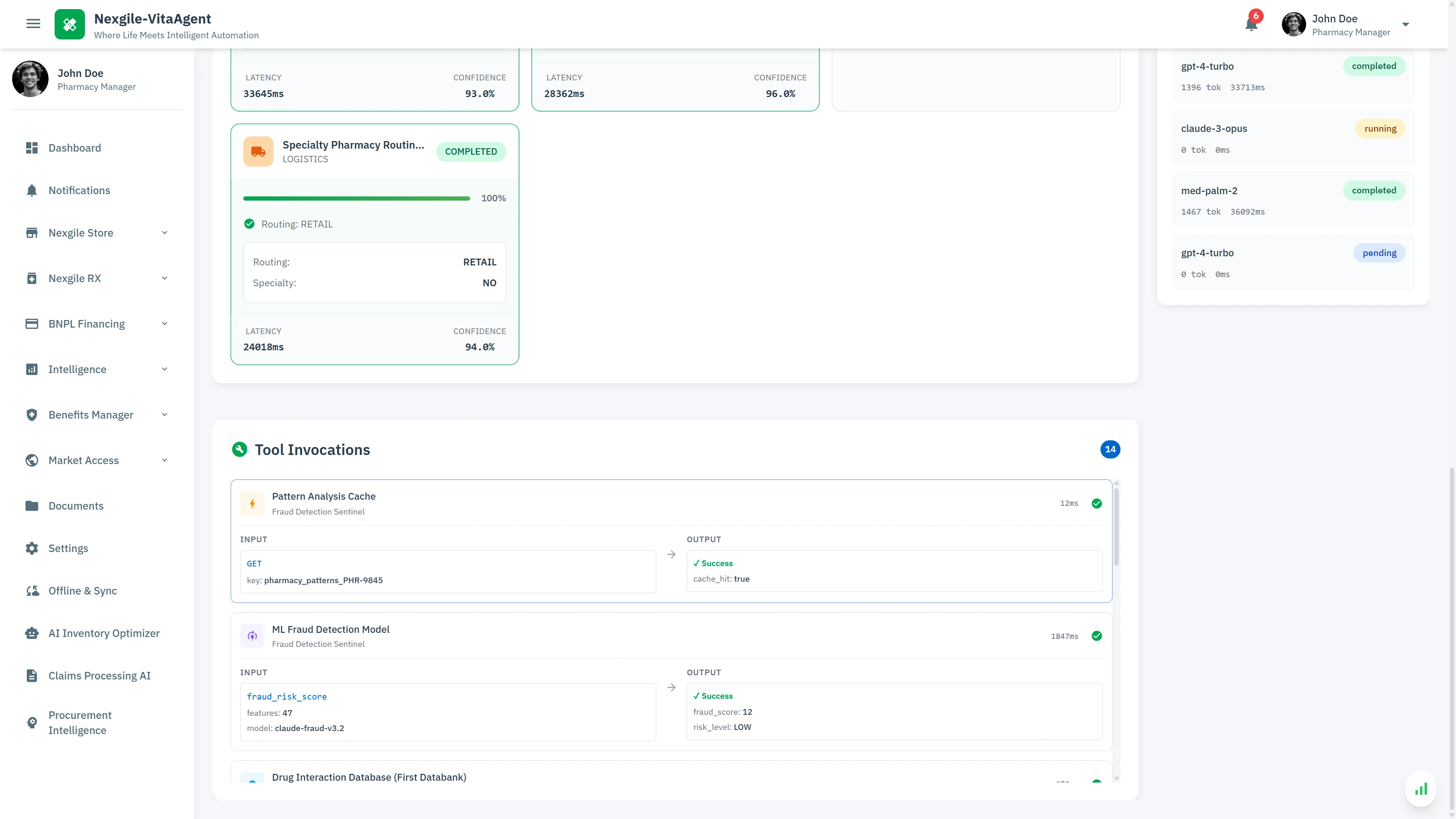 Illustrative preview (sample data, not verified outcomes): Tool Invocations - Detailed transparency view showing AI model usage (GPT-4-Turbo, Claude-3-Opus, Med-PaLM-2) and tool execution including fraud detection and database queries