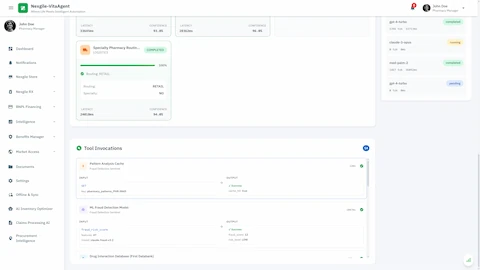 Illustrative preview (sample data, not verified outcomes): Tool Invocations - Detailed transparency view showing AI model usage (GPT-4-Turbo, Claude-3-Opus, Med-PaLM-2) and tool execution including fraud detection and database queries