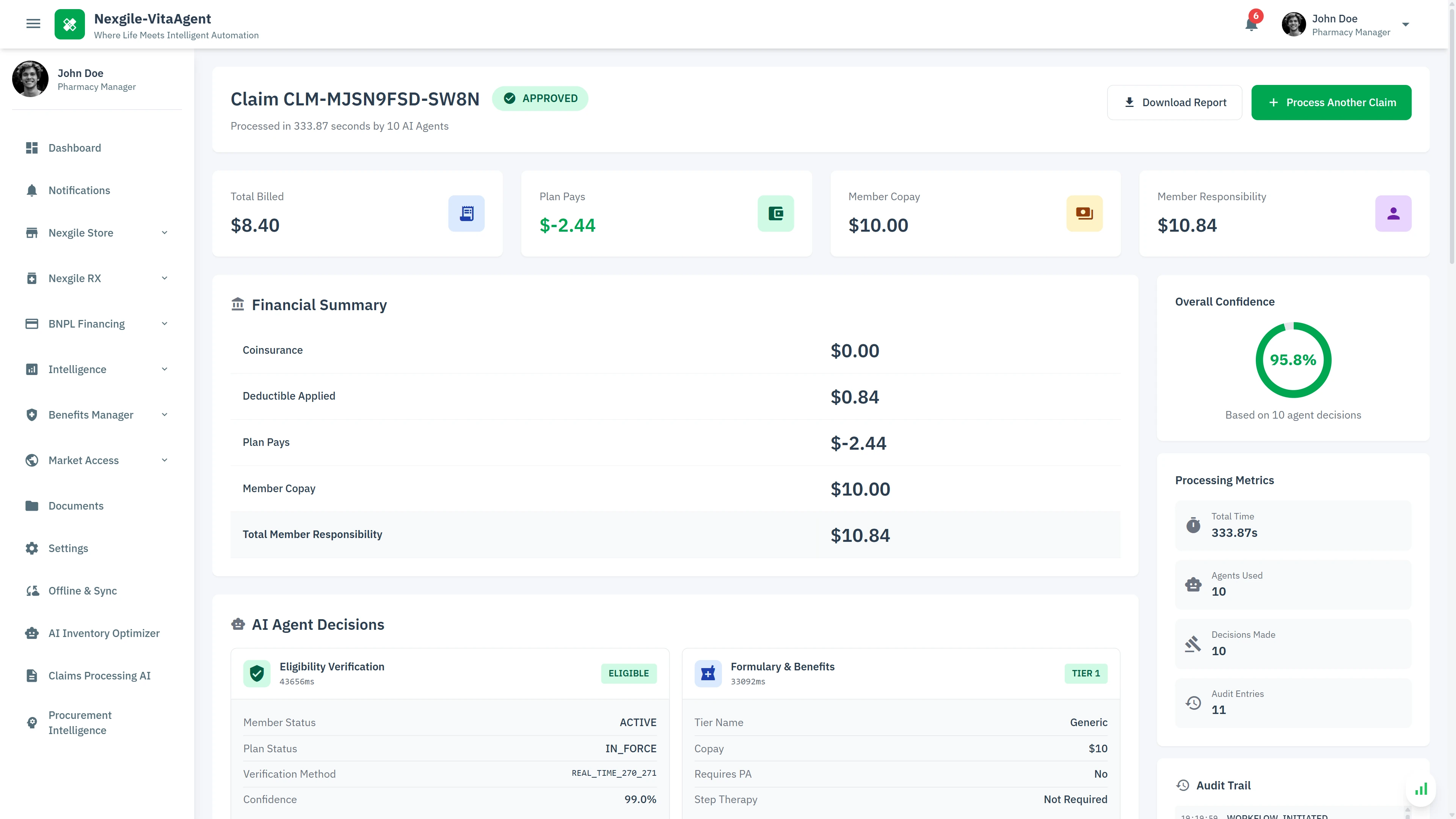 Illustrative preview (sample data, not verified outcomes): Claim Adjudication - Final approval decision with complete financial breakdown, 95.8% confidence score, detailed agent decisions, and processing metrics audit trail