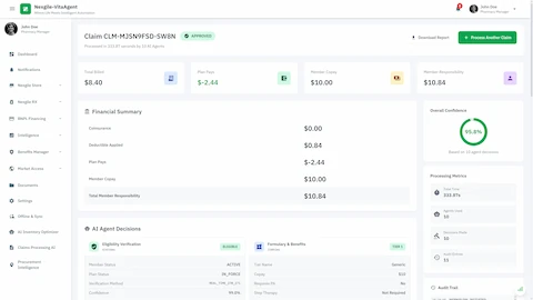 Illustrative preview (sample data, not verified outcomes): Claim Adjudication - Final approval decision with complete financial breakdown, 95.8% confidence score, detailed agent decisions, and processing metrics audit trail