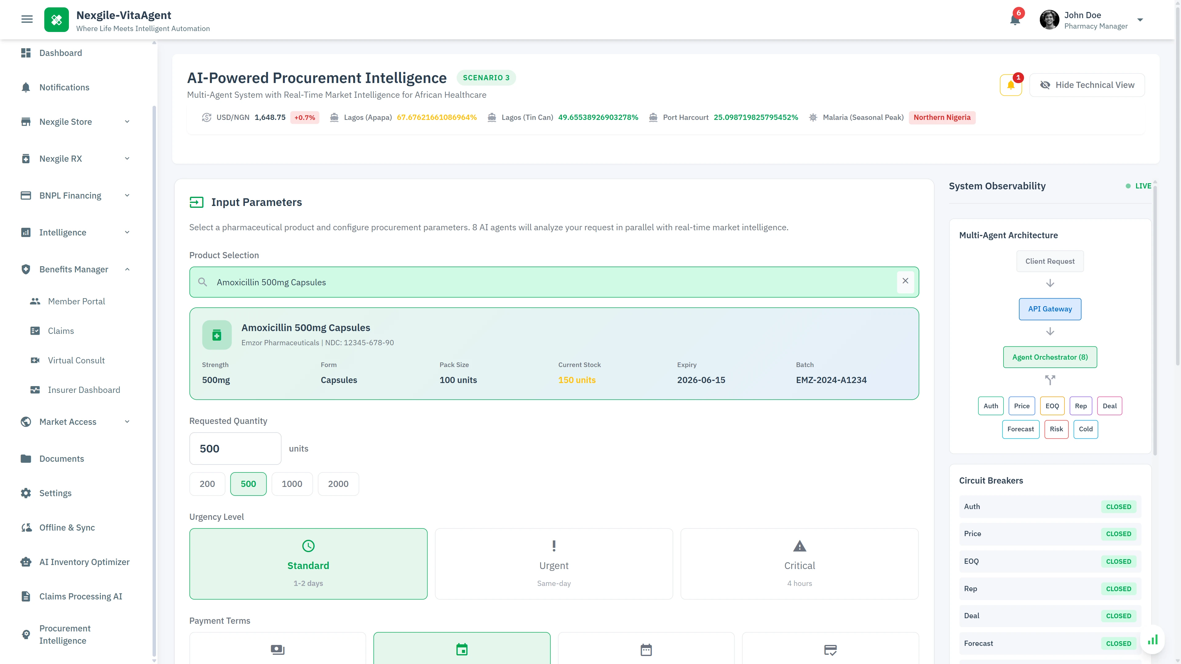 Illustrative preview (sample data, not verified outcomes): Procurement Configuration - Product selection with real-time market intelligence including exchange rates, port status, and disease outbreak monitoring for informed procurement decisions