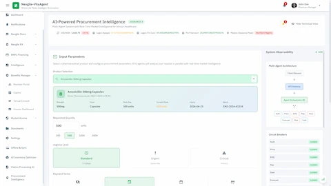 Illustrative preview (sample data, not verified outcomes): Procurement Configuration - Product selection with real-time market intelligence including exchange rates, port status, and disease outbreak monitoring for informed procurement decisions