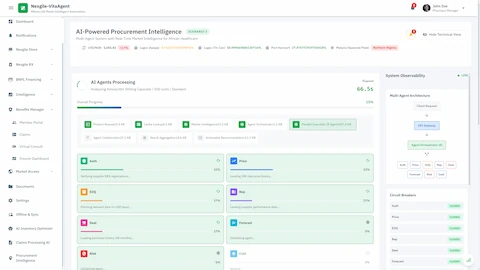 Illustrative preview (sample data, not verified outcomes): Multi-Agent Analysis - 8 specialized AI agents processing in parallel analyzing authentication, pricing, demand forecasting, supplier reputation, and risk assessment with system observability