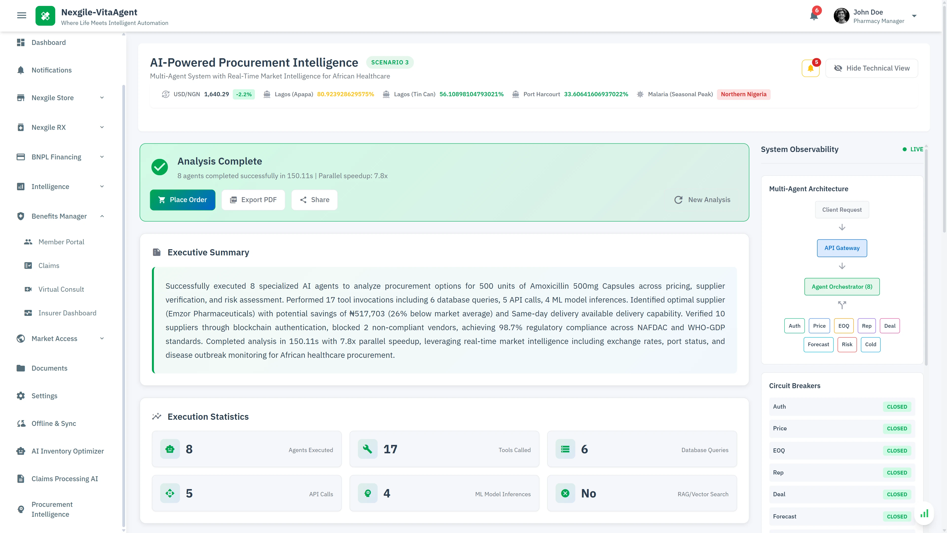 Illustrative preview (sample data, not verified outcomes): Analysis Complete - Comprehensive executive summary showing optimal supplier identification, cost savings projection, blockchain verification results, and 7.8x parallel speedup achieved