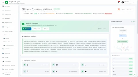 Illustrative preview (sample data, not verified outcomes): Analysis Complete - Comprehensive executive summary showing optimal supplier identification, cost savings projection, blockchain verification results, and 7.8x parallel speedup achieved