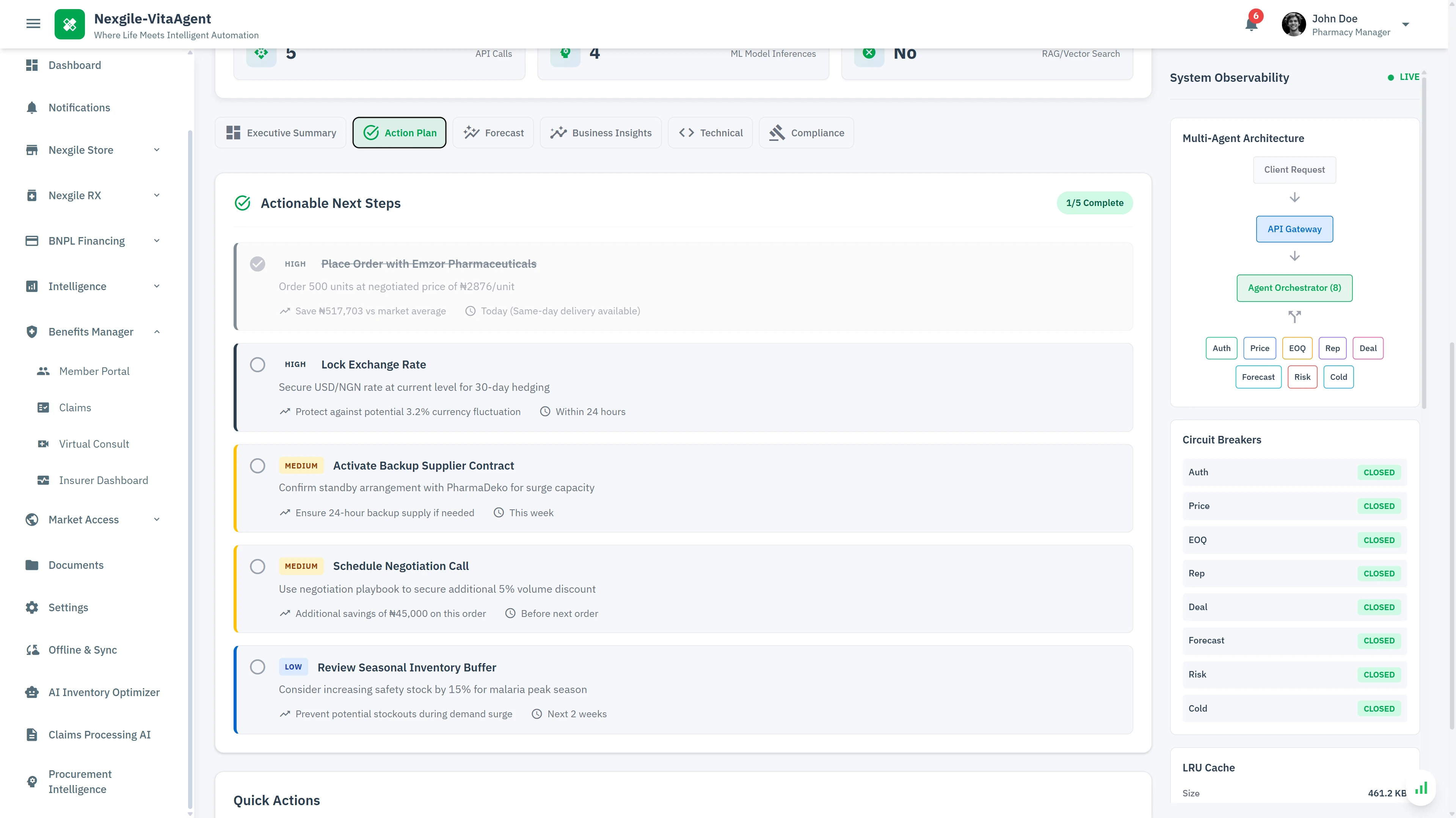 Illustrative preview (sample data, not verified outcomes): Actionable Recommendations - Prioritized next steps including order placement, exchange rate hedging, supplier contracts, negotiation strategies, and seasonal inventory planning