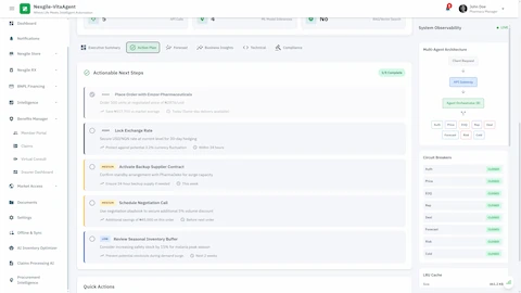 Illustrative preview (sample data, not verified outcomes): Actionable Recommendations - Prioritized next steps including order placement, exchange rate hedging, supplier contracts, negotiation strategies, and seasonal inventory planning