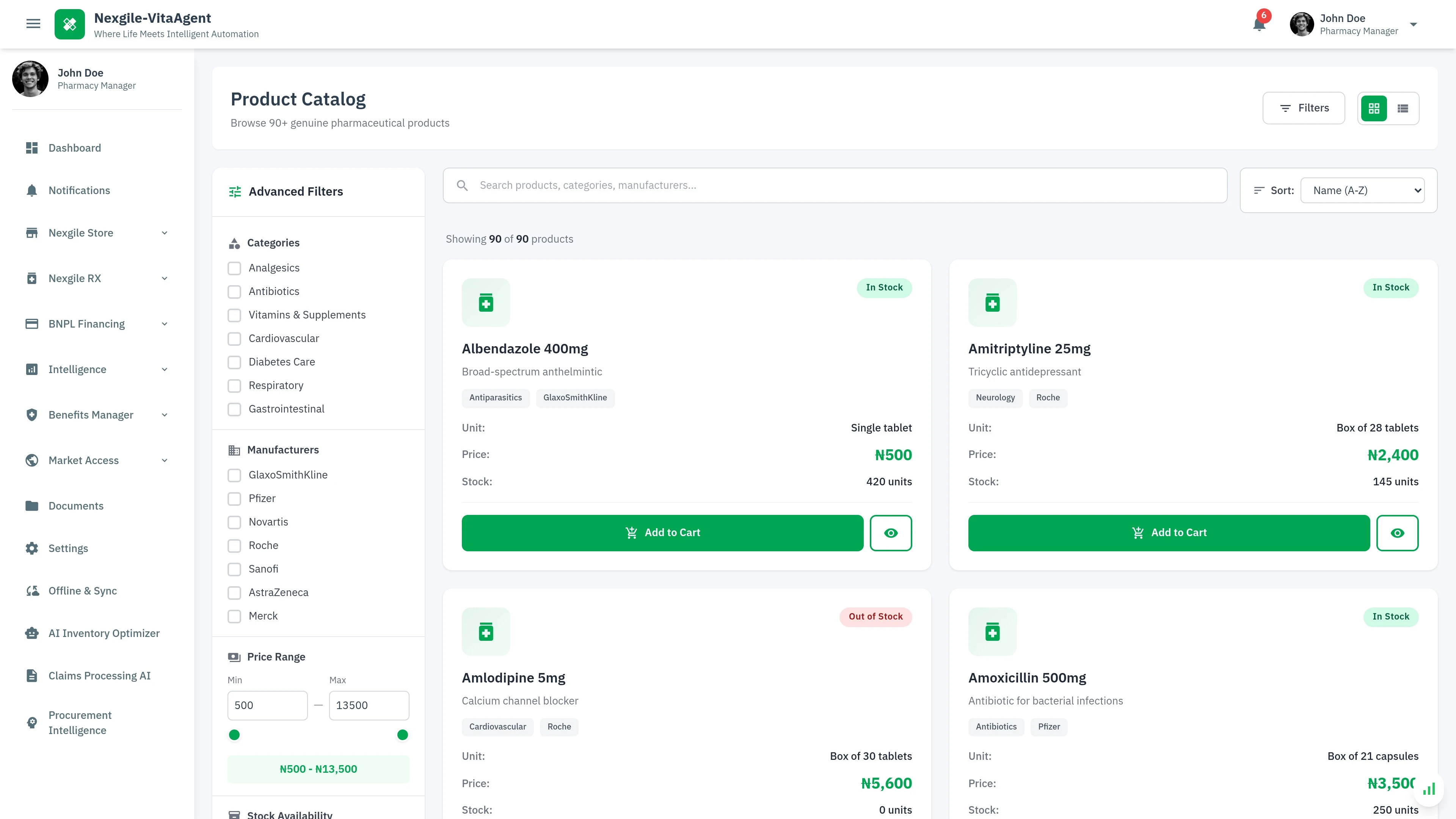 Illustrative preview (sample data, not verified outcomes): Product Catalog - Nexgile Store pharmaceutical marketplace interface