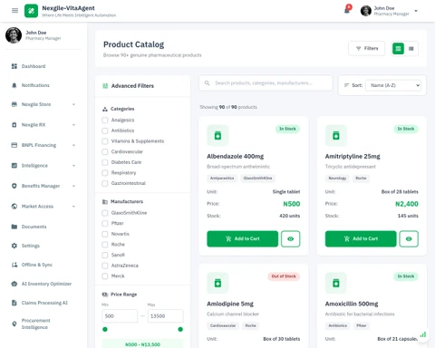 Illustrative preview (sample data, not verified outcomes): Product Catalog - Nexgile Store pharmaceutical marketplace interface