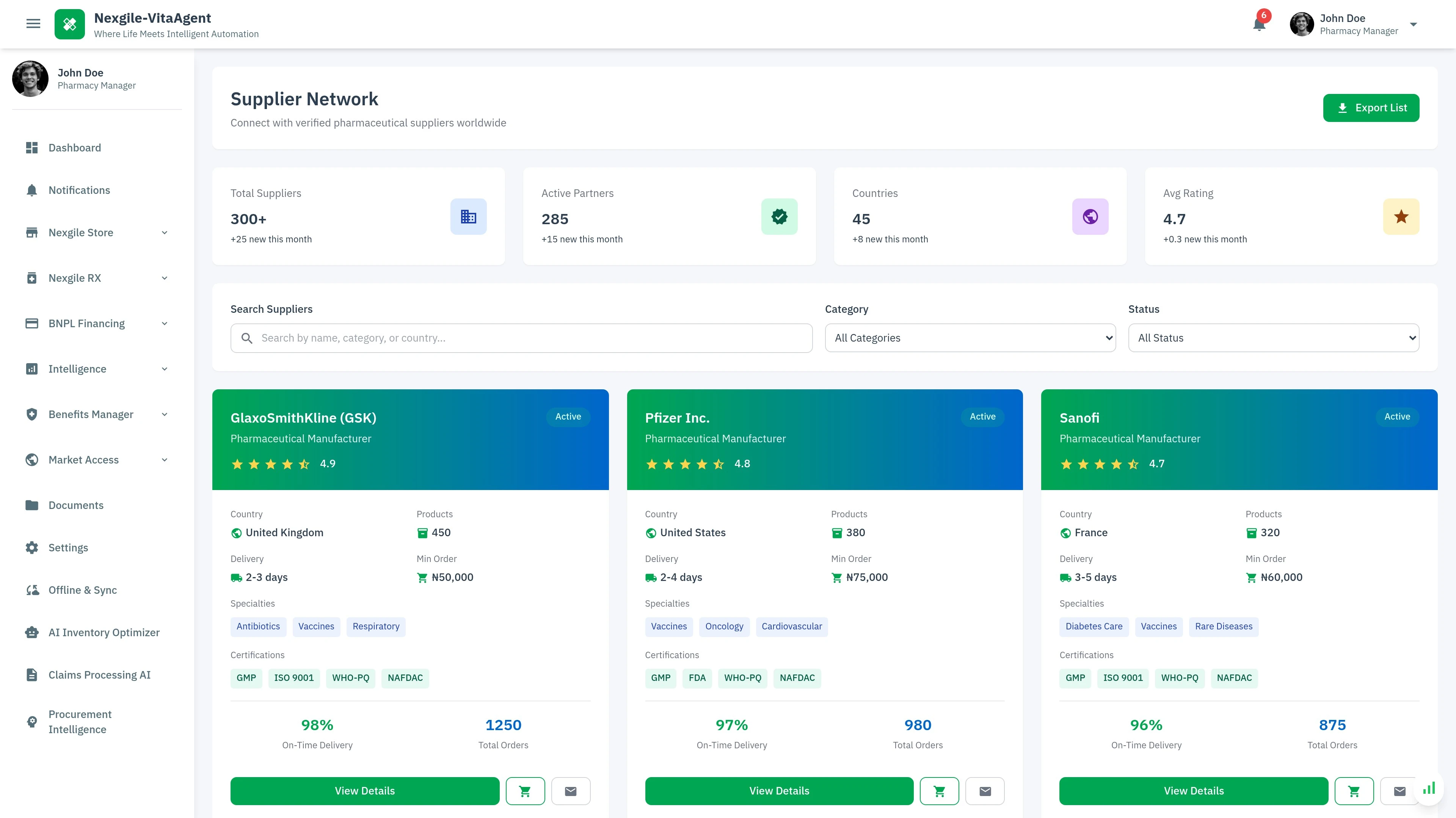 Illustrative preview (sample data, not verified outcomes): Supplier Management - Nexgile Store pharmaceutical supplier directory and relationship management