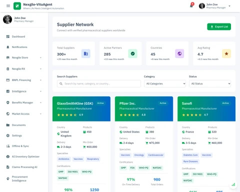 Illustrative preview (sample data, not verified outcomes): Supplier Management - Nexgile Store pharmaceutical supplier directory and relationship management