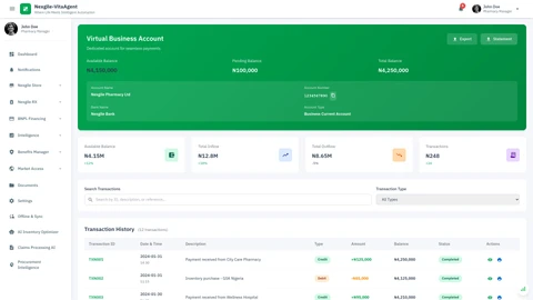 Illustrative preview (sample data, not verified outcomes): Nexgile RX Virtual Account Management Interface