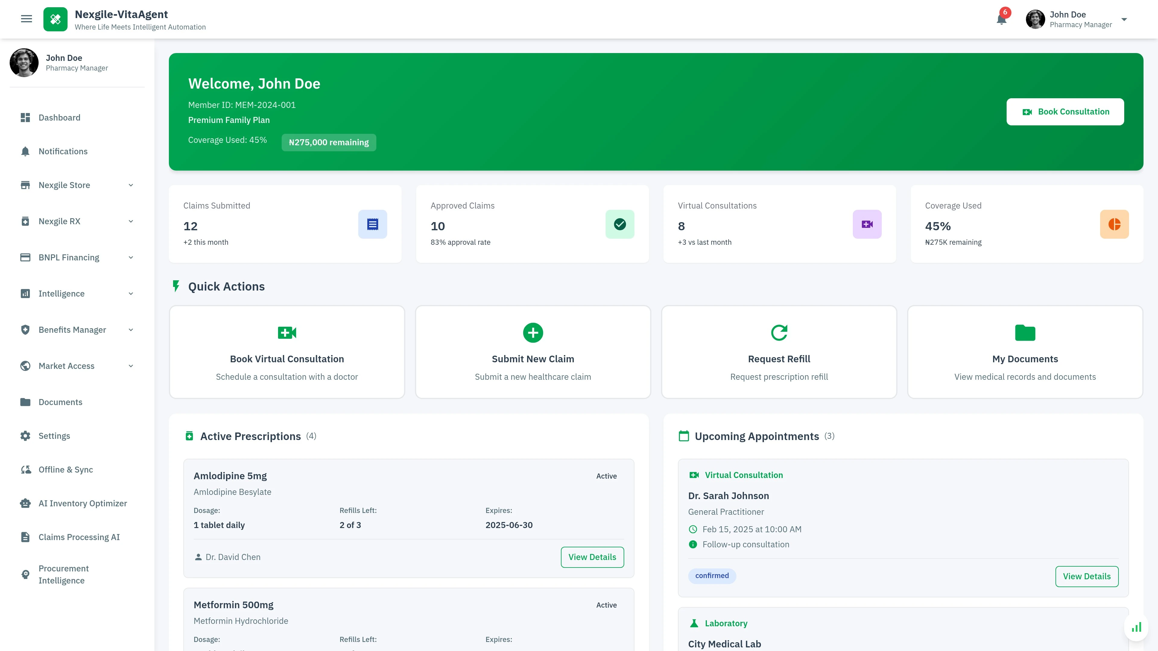 Illustrative preview (sample data, not verified outcomes): Benefits Manager Member Portal - Streamlined medication delivery and clinical pharmacy services interface