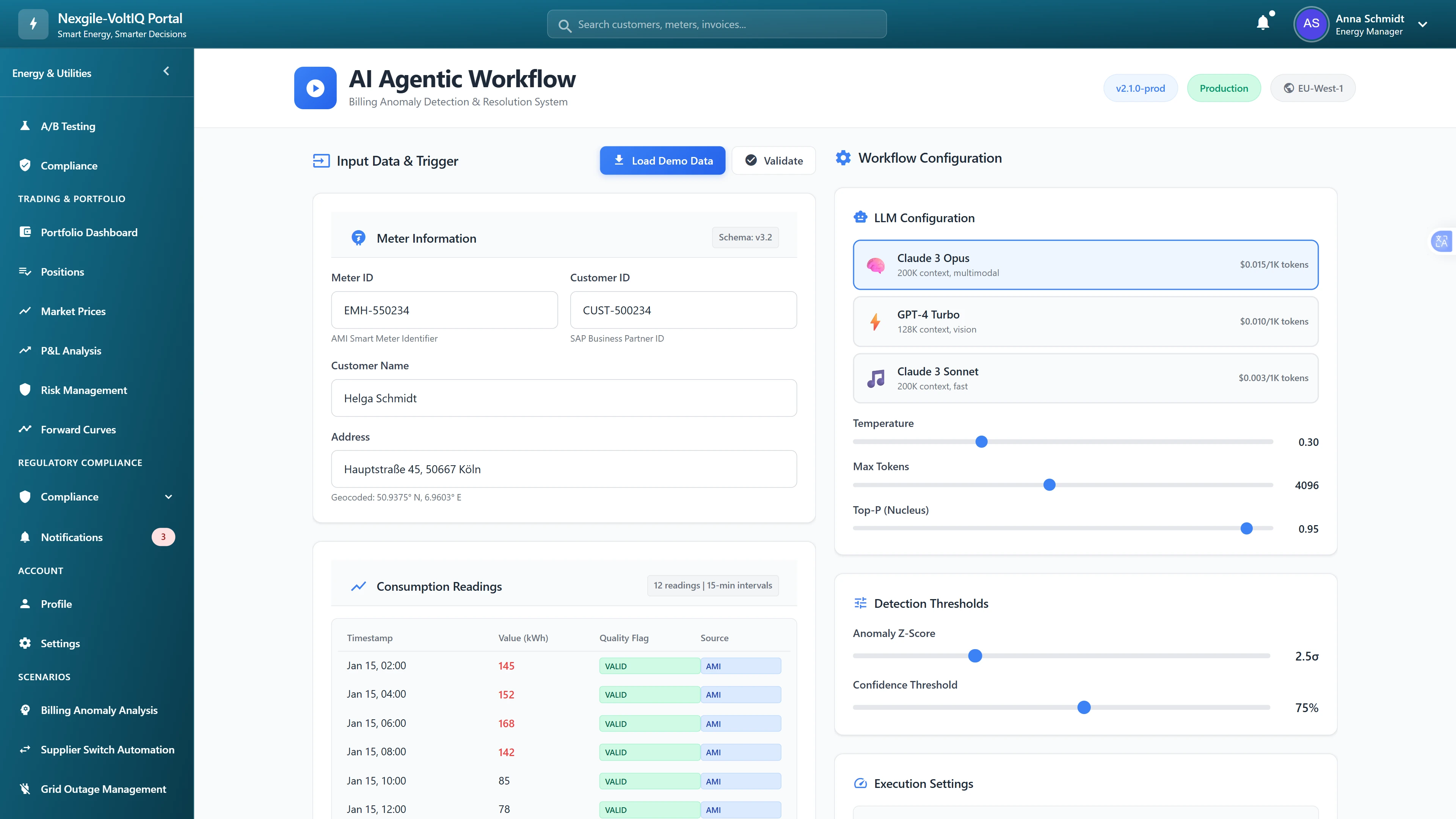 Illustrative preview (sample data, not verified outcomes): Workflow configuration interface with LLM settings, detection thresholds, and meter data input