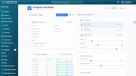 Illustrative preview (sample data, not verified outcomes): Workflow configuration interface with LLM settings, detection thresholds, and meter data input