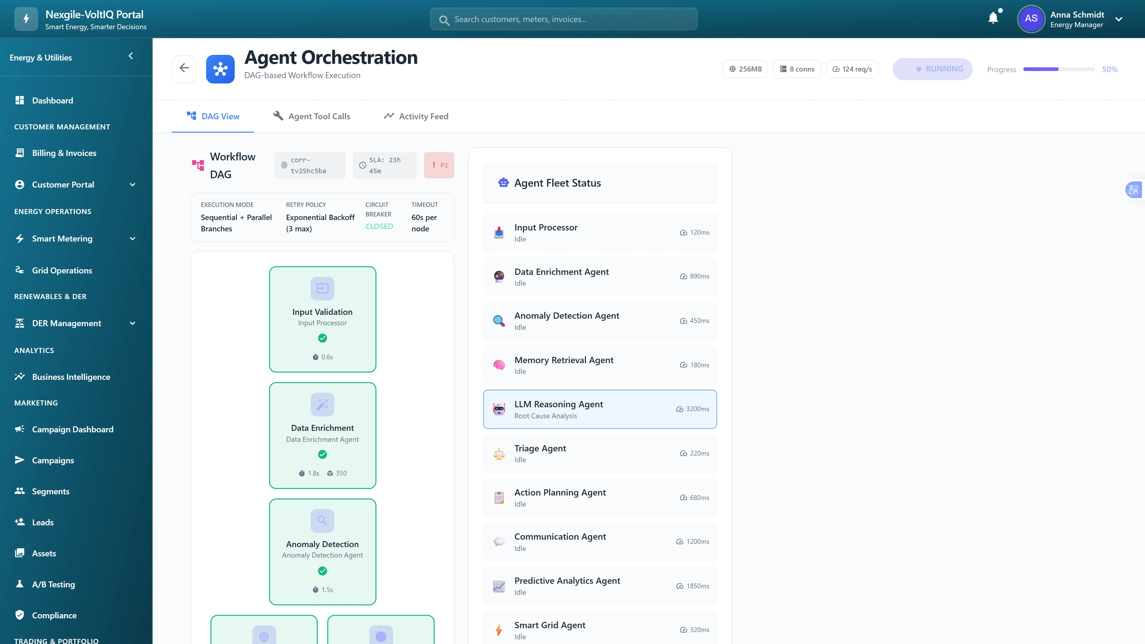 Illustrative preview (sample data, not verified outcomes): DAG-based agent orchestration showing completed validation, enrichment, and detection stages