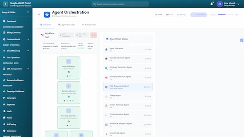 Illustrative preview (sample data, not verified outcomes): DAG-based agent orchestration showing completed validation, enrichment, and detection stages
