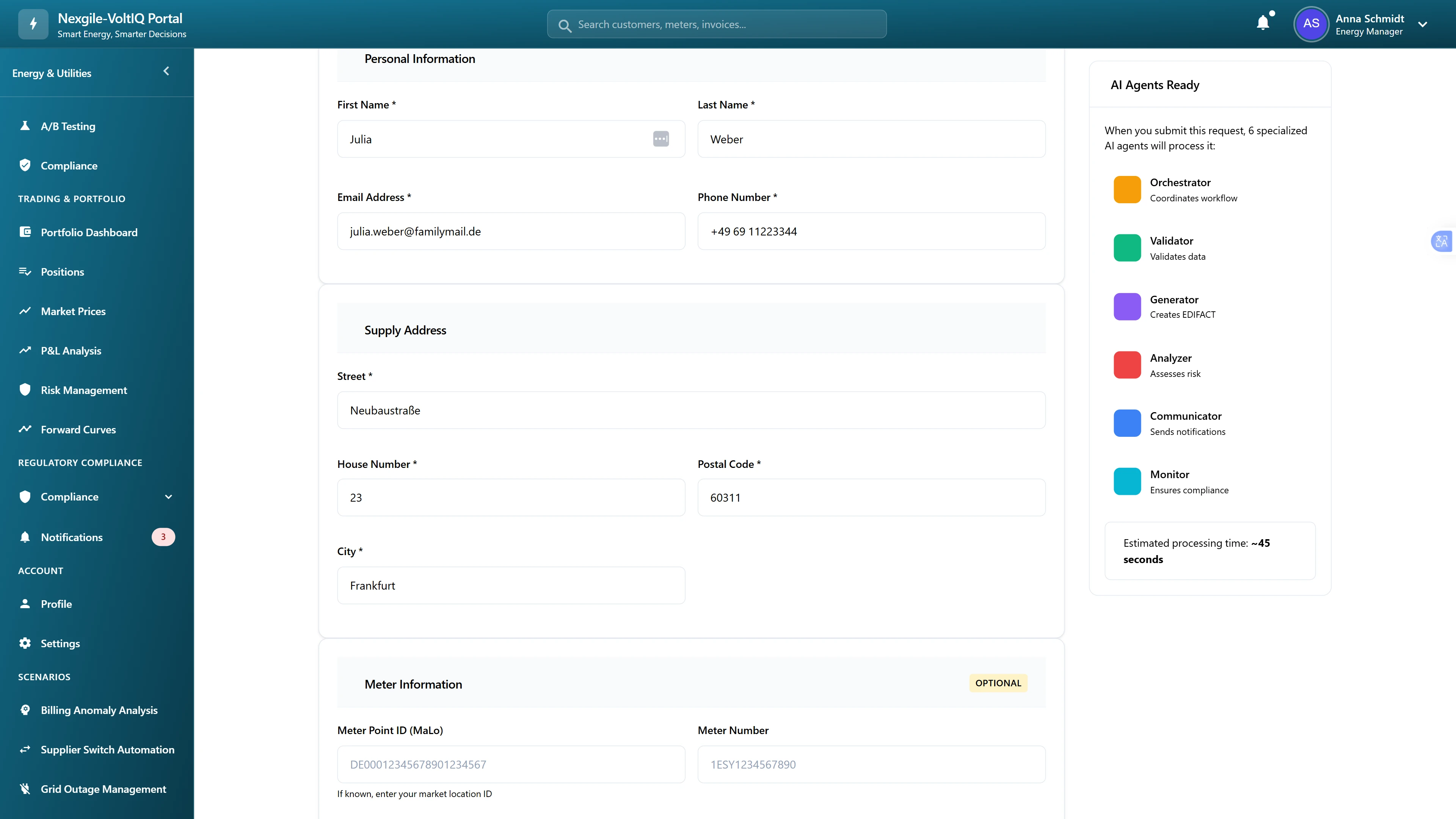 Illustrative preview (sample data, not verified outcomes): Customer registration form with AI agents ready panel showing 6 specialized agents for supplier switching