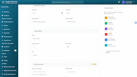 Illustrative preview (sample data, not verified outcomes): Customer registration form with AI agents ready panel showing 6 specialized agents for supplier switching