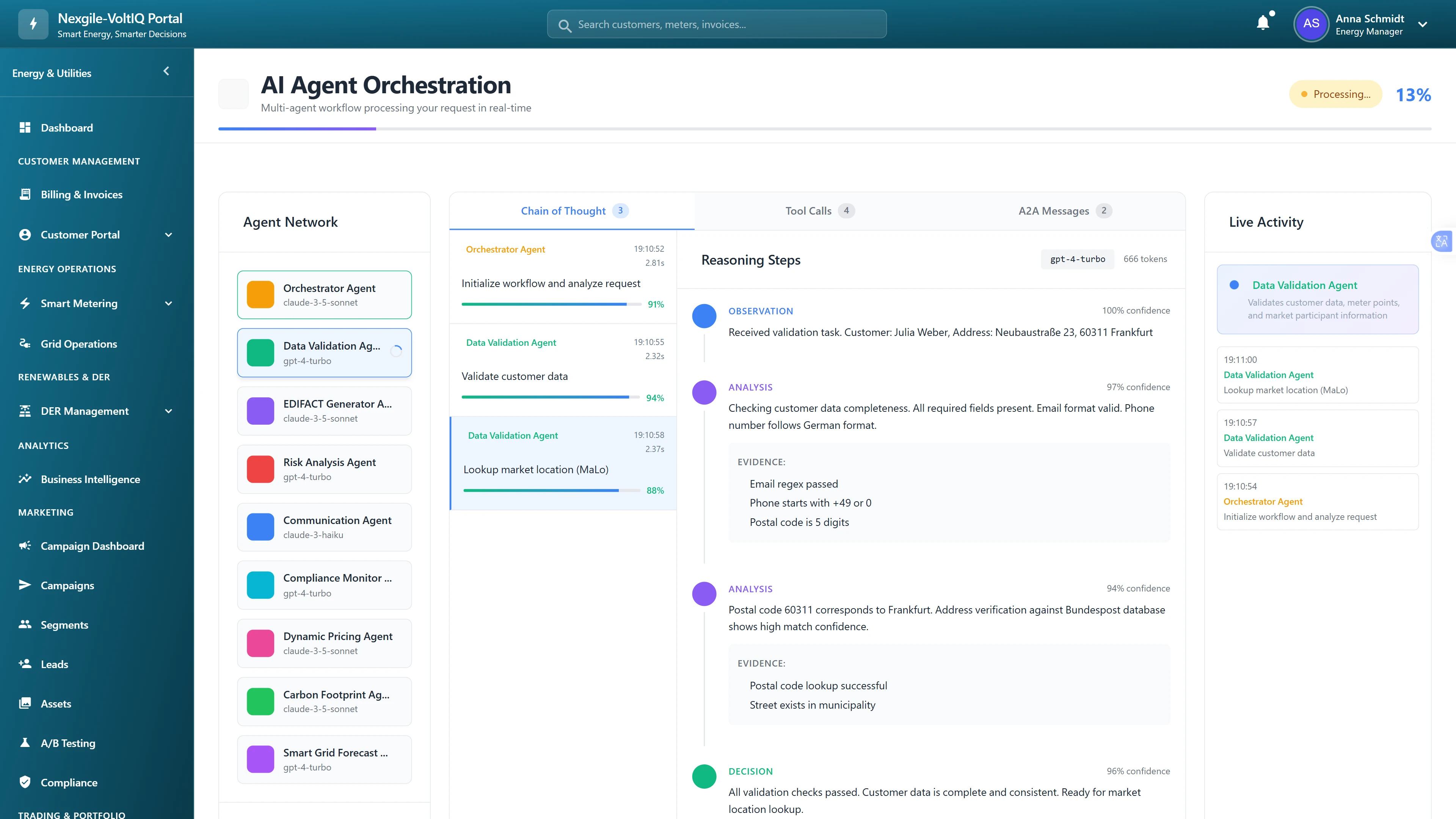 Illustrative preview (sample data, not verified outcomes): Real-time agent orchestration with chain-of-thought reasoning for data validation and MaLo lookup