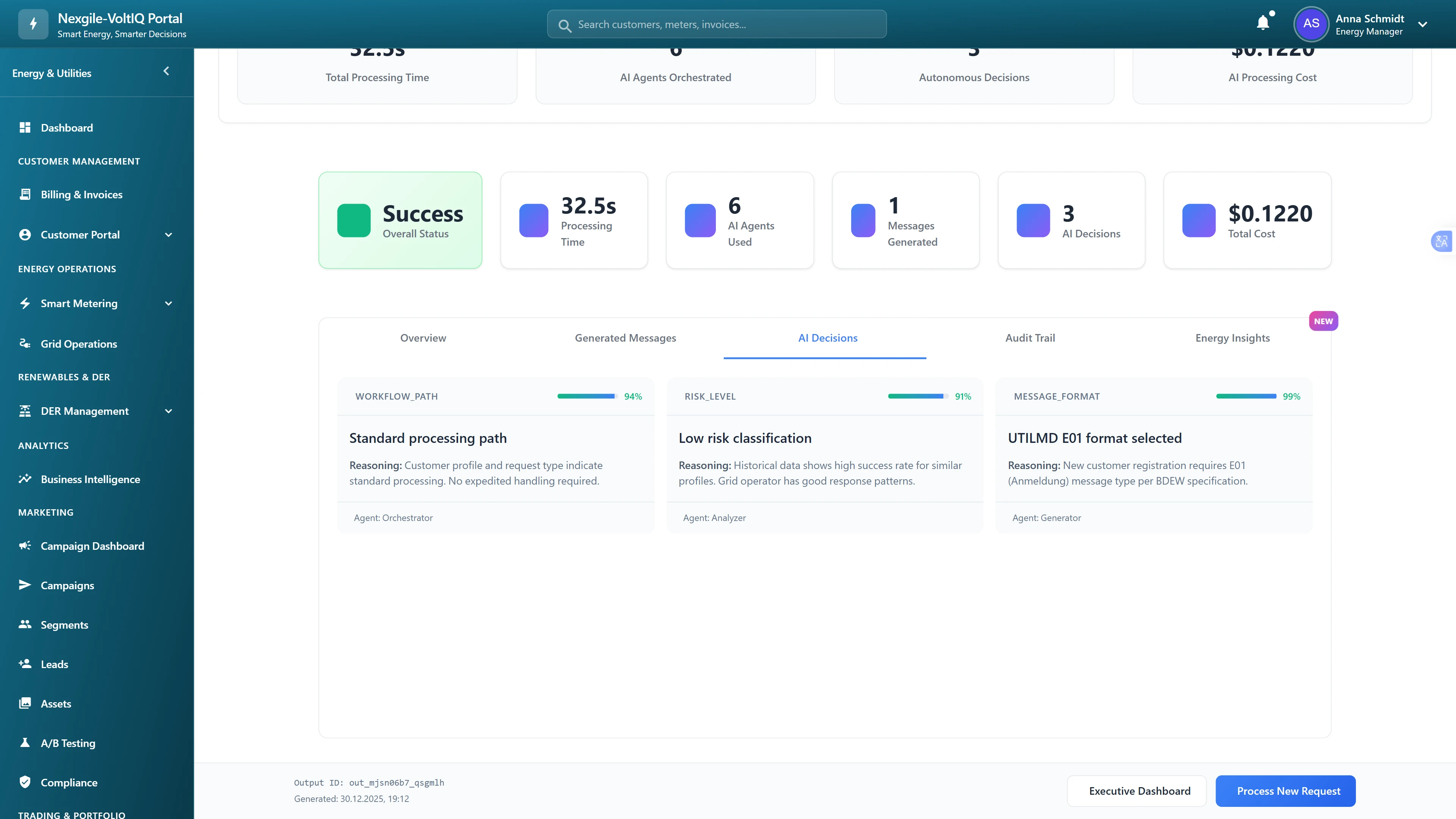 Illustrative preview (sample data, not verified outcomes): AI decision intelligence showing workflow path selection, risk assessment, and message format determination