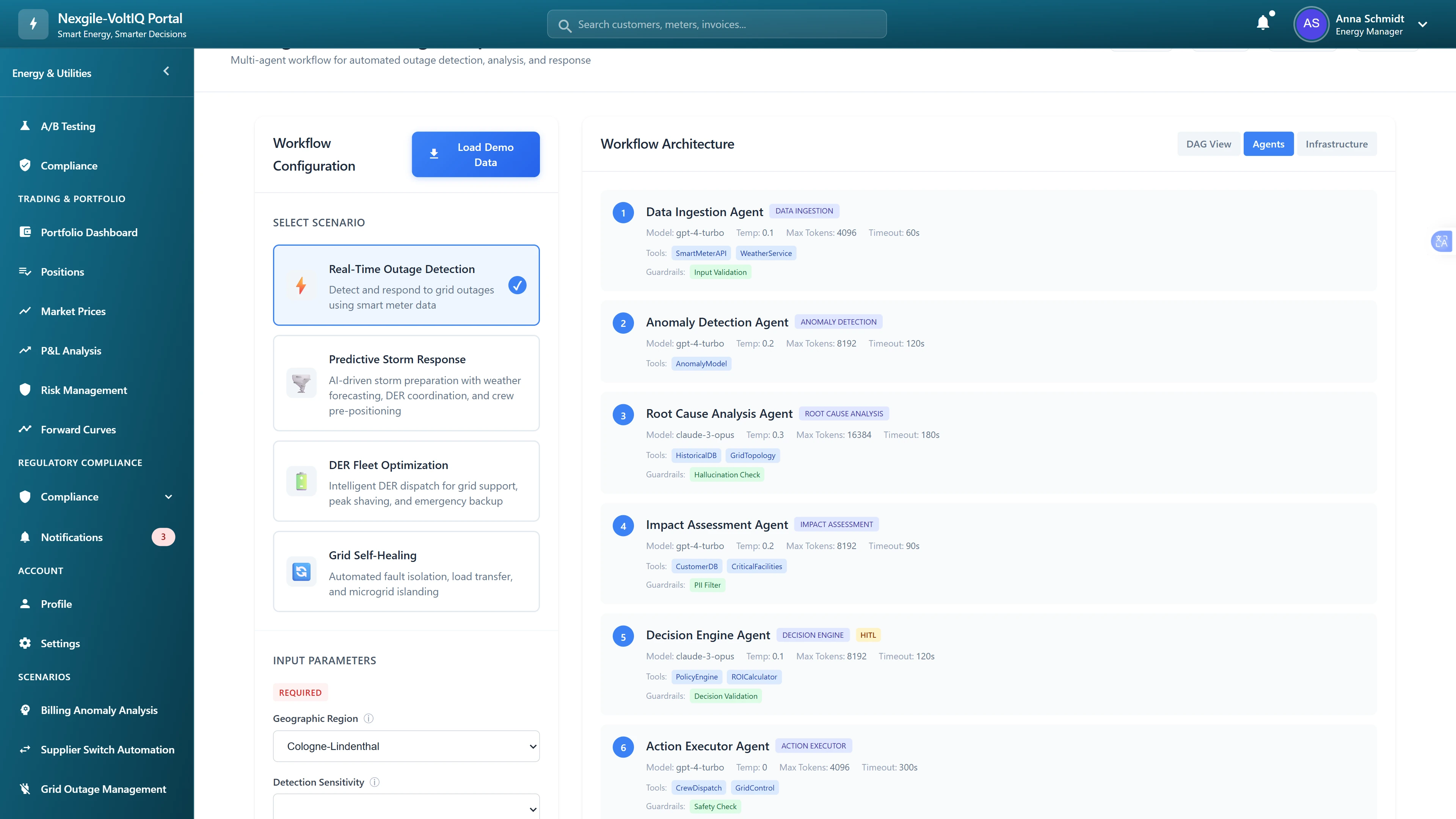 Illustrative preview (sample data, not verified outcomes): Workflow configuration with scenario selection and multi-agent architecture for outage management