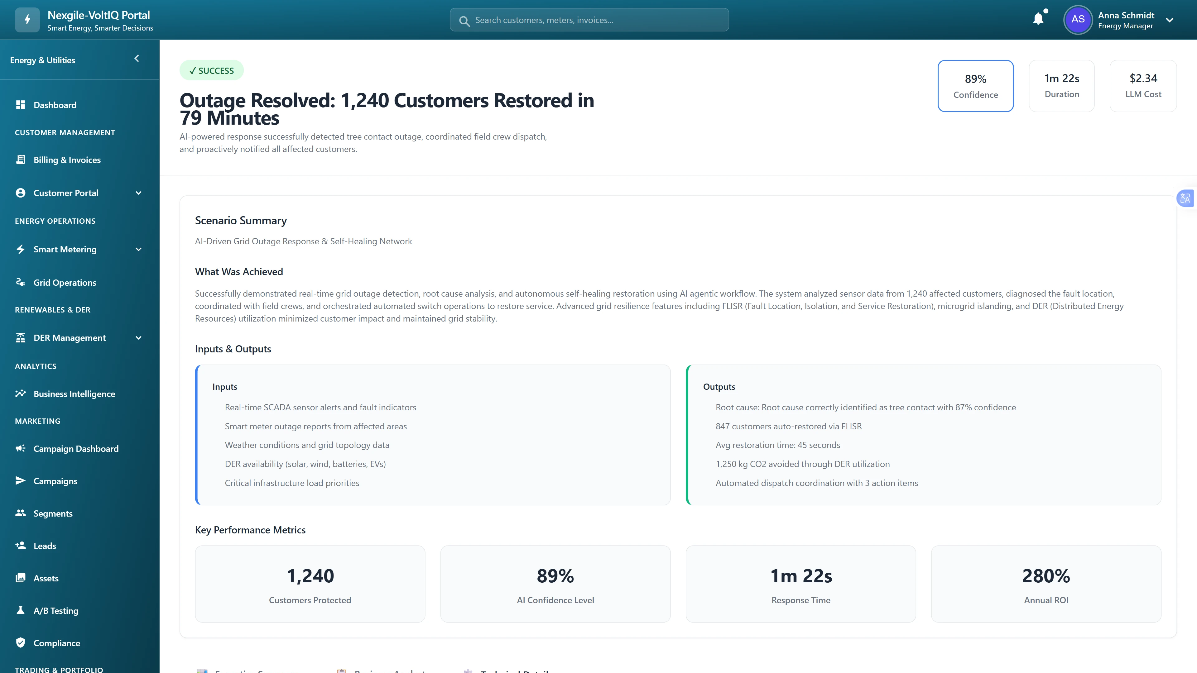 Illustrative preview (sample data, not verified outcomes): Outage resolution success summary with 1,240 customers restored in 79 minutes via FLISR automation