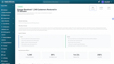 Illustrative preview (sample data, not verified outcomes): Outage resolution success summary with 1,240 customers restored in 79 minutes via FLISR automation